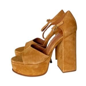 NWT Zara Platform Block Heel Platform Heels Suede Cognac Brown 8